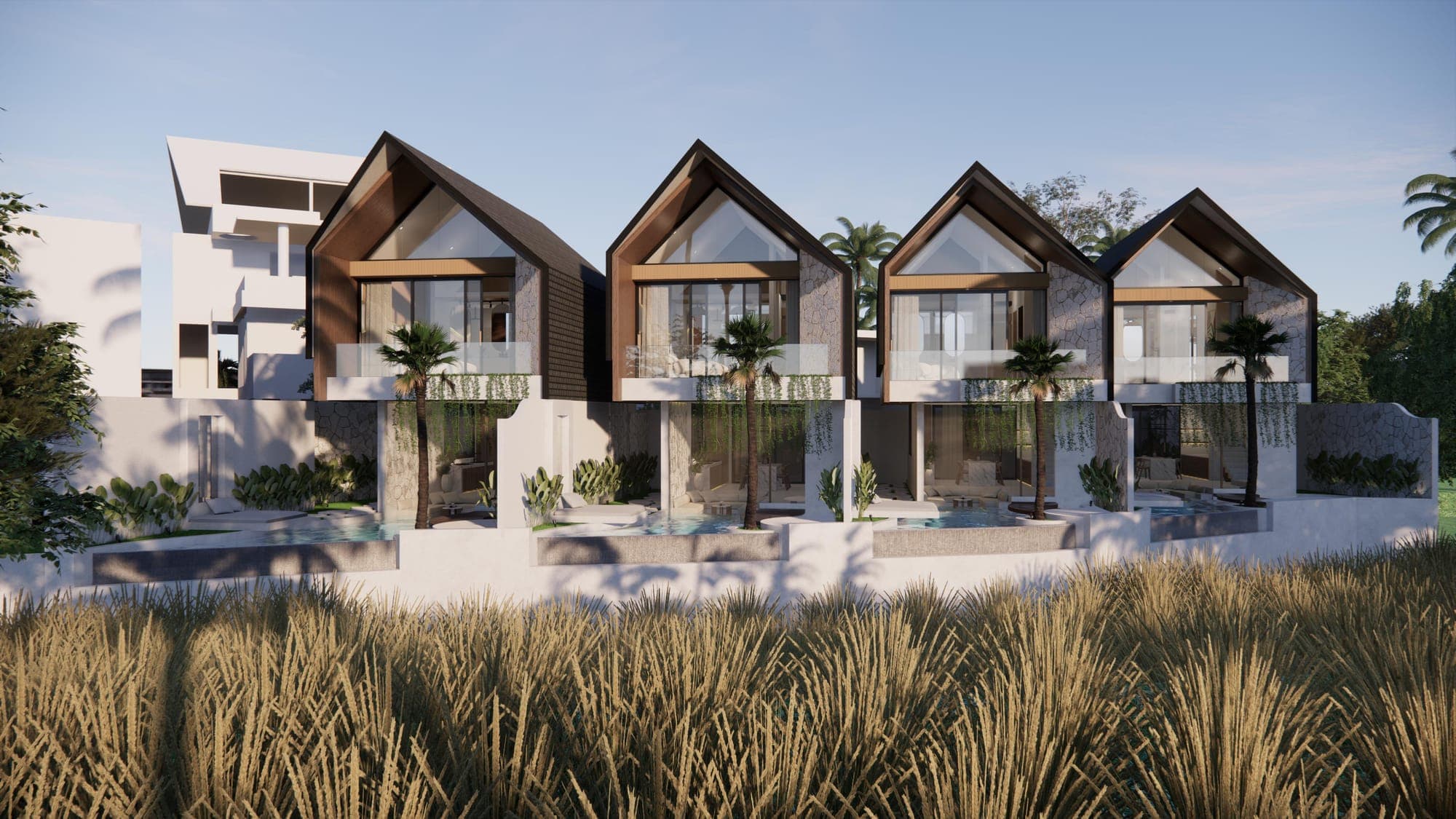 The row of smaller villas at dusk
